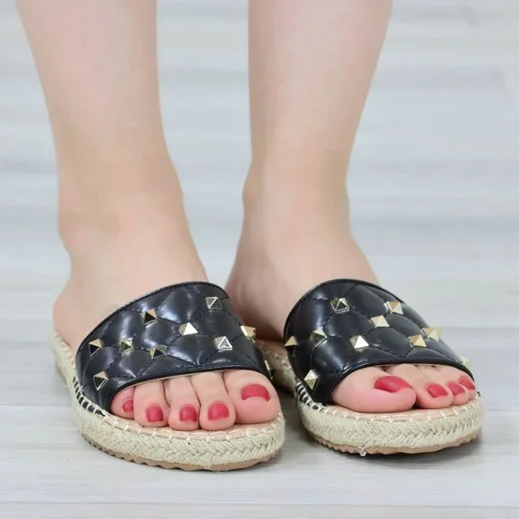 Black Flat Sandal Slip On Sliders Trendy Espadrille Gold Studs Quilted Toe Band - Picture 3 of 13